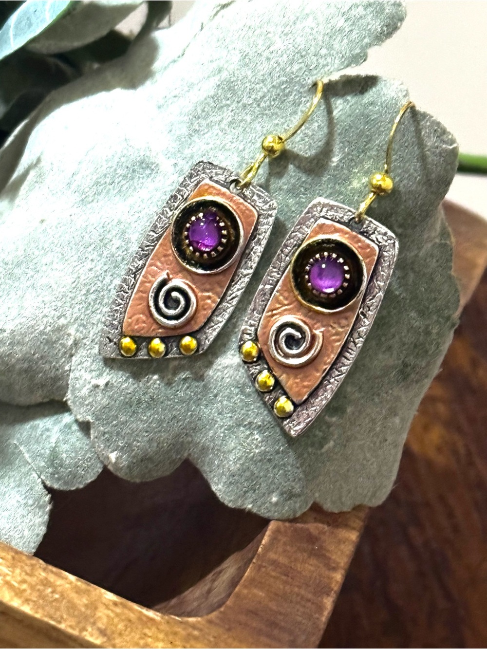 Handcrafted Copper & Silver pl Dangle Earrings with Purple Gem Accent